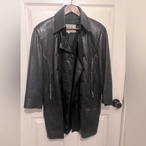 ARMANI Sport Vintage Women’s Black Long Button Down Leather Jacket Size 38